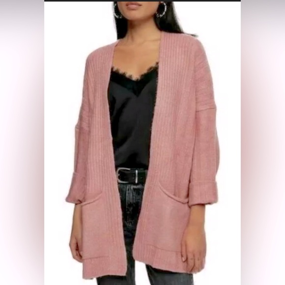 NWT Topshop Long Cardigan Sweater Slouchy Ribbed-Knit Pockets Pink Sz Large 12 - Picture 1 of 10